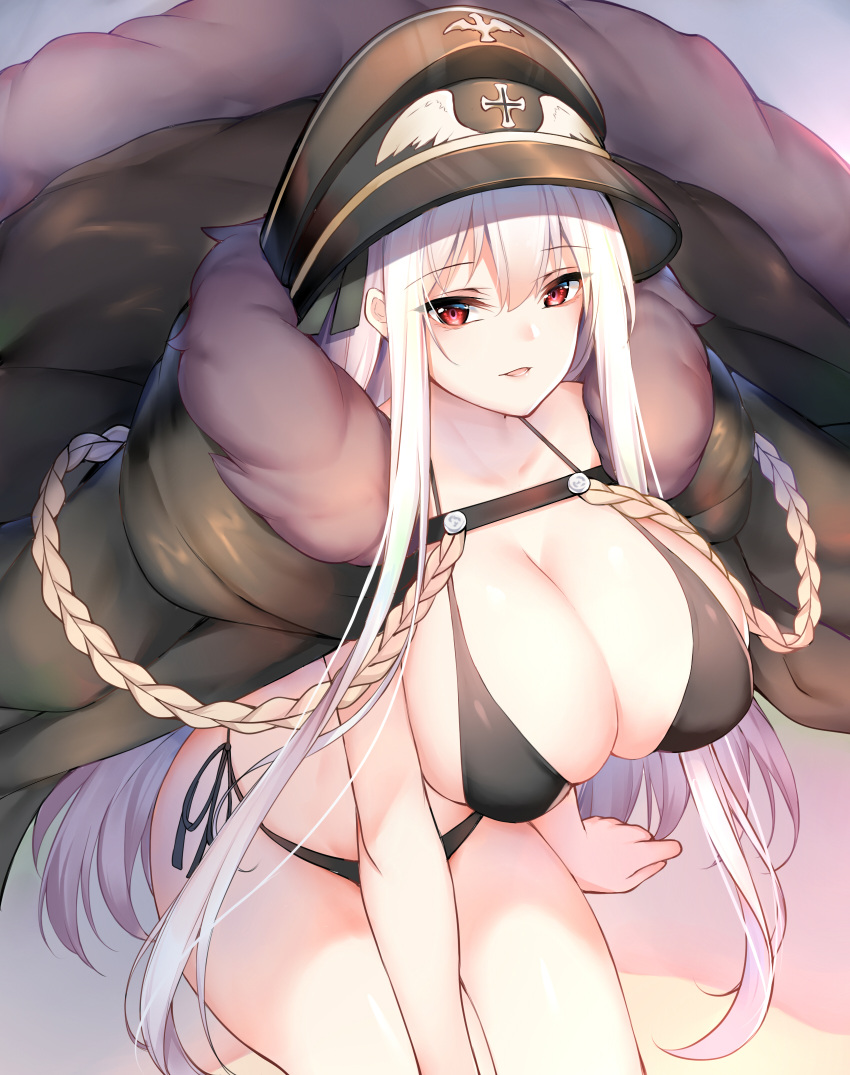 1girl bangs bikini black_bikini breasts chixiao cleavage collarbone eyebrows_visible_through_hair fur_trim girls_frontline hair_between_eyes hat highres huge_breasts iron_cross jacket_on_shoulders kar98k_(girls_frontline) long_hair looking_at_viewer peaked_cap red_eyes smile solo swimsuit very_long_hair white_hair