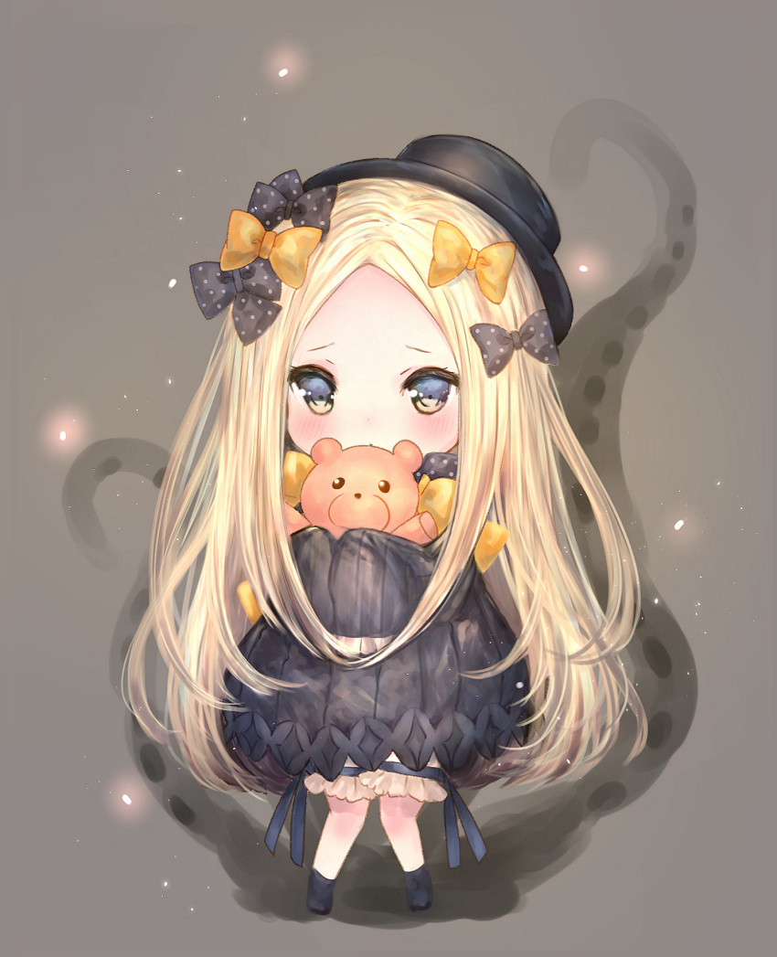 1girl abigail_williams_(fate/grand_order) bangs black_background black_bow black_hat blonde_hair blush bow brown_eyes catbell chibi fate/grand_order fate_(series) furrowed_eyebrows hair_bow hat highres long_hair orange_bow parted_bangs polka_dot polka_dot_bow sleeves_past_fingers sleeves_past_wrists solo standing stuffed_animal stuffed_toy teddy_bear tentacle very_long_hair