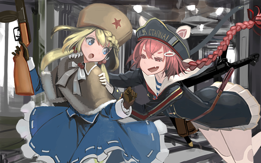 2girls animal_hat bangs blonde_hair blue_eyes blue_skirt blush bow braid brown_gloves capelet clothes_writing eyelashes fang freckles fur_hat girls_frontline gloves gun hair_between_eyes hair_bobbles hair_ornament hairclip hat holding holding_gun holding_weapon indoors jacket kesomaru long_hair long_sleeves low_twintails military military_uniform miniskirt multiple_girls open_mouth pink_eyes pink_hair pps-43 pps-43_(girls_frontline) ppsh-41 ppsh-41_(girls_frontline) red_star sailor_hat short_eyebrows single_braid skirt striped submachine_gun thigh-highs twintails uniform ushanka very_long_hair weapon white_gloves white_legwear