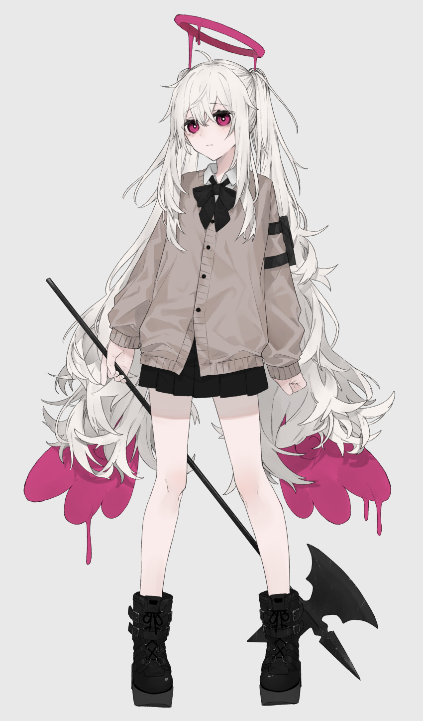 1girl absurdres ahoge axe bangs belt_pouch black_footwear black_neckwear black_skirt boots bow bowtie brown_cardigan buttons closed_mouth collared_shirt denki_ryu full_body grey_background halo highres holding holding_axe long_hair long_sleeves messy_hair miniskirt no_socks original pleated_skirt pouch red_eyes reverse_grip school_uniform shirt sidelocks silver_hair simple_background skirt sleeves_past_wrists solo standing twintails very_long_hair white_shirt wings