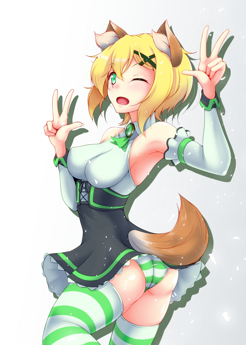1girl absurdres aimo_(aimo1214) akatsuki_kirika animal_ears ass bare_shoulders blonde_hair blush breasts commentary_request detached_sleeves dog_ears dog_tail double_v dress from_behind green_eyes hair_ornament highres looking_at_viewer looking_back medium_breasts one_eye_closed open_mouth panties senki_zesshou_symphogear shiny shiny_hair shiny_skin short_hair sleeveless solo standing striped striped_legwear striped_panties tail thigh-highs underwear v x_hair_ornament
