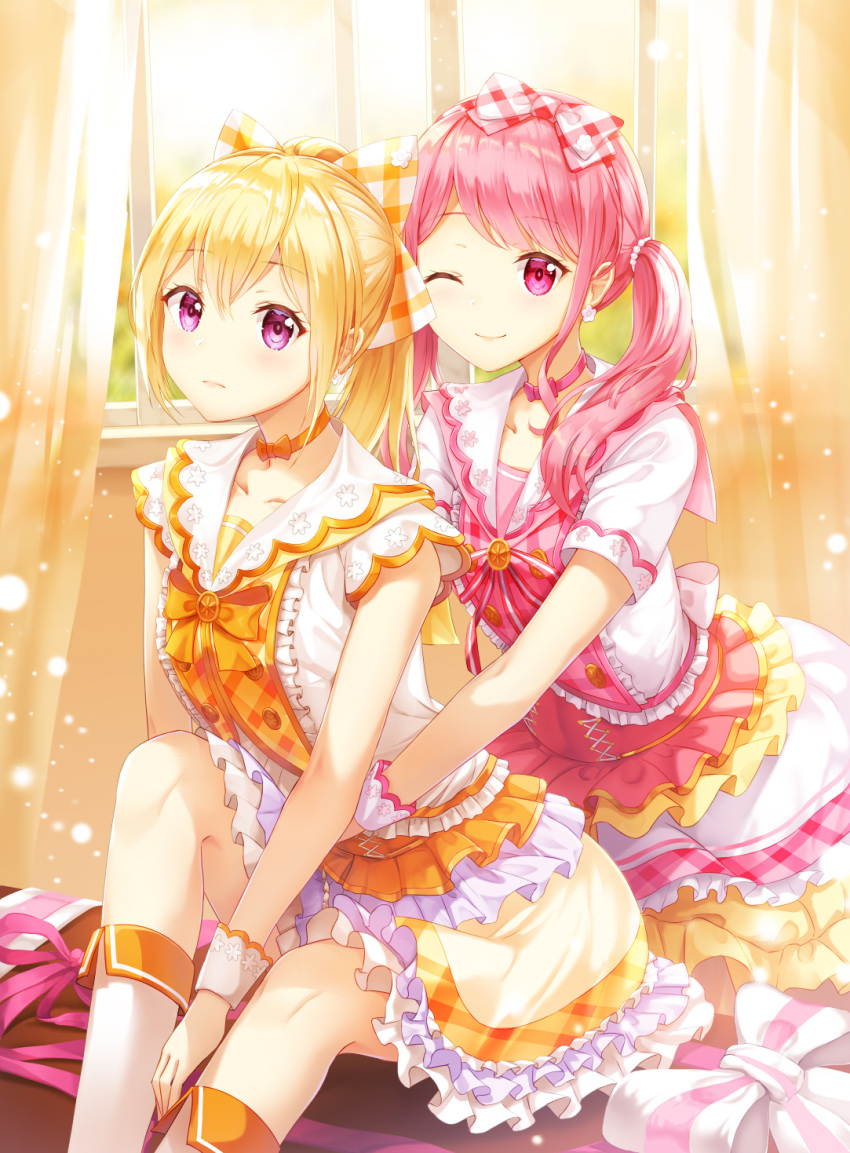 2girls bang_dream! bangs blonde_hair blush boots bow bowtie breasts choker closed_mouth collarbone curtains day dress frilled_dress frills hair_bow hair_ribbon highres hug indoors knee_boots knee_up light_particles long_hair looking_at_viewer lunacle maruyama_aya multiple_girls neck_ribbon one_eye_closed orange_choker orange_neckwear pink_bow pink_choker pink_eyes pink_hair pink_neckwear plaid plaid_ribbon ponytail ribbon shirasagi_chisato short_sleeves sidelocks sitting small_breasts smile twintails violet_eyes white_dress white_footwear wrist_cuffs yellow_ribbon