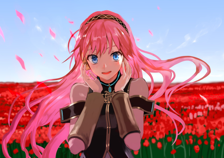 1girl absurdres arms_up blue_eyes blue_sky blurry bob_(biyonbiyon) commentary depth_of_field detached_sleeves field flower flower_field hairband headphones highres long_hair looking_at_viewer megurine_luka open_mouth petals pink_hair sky solo very_long_hair vocaloid