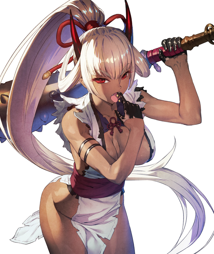 1girl arm_strap arm_up bare_shoulders black_gloves breasts cleavage club commentary_request cowboy_shot cozy dark_skin eating eyebrows_visible_through_hair fangs gloves groin hair_ribbon hair_rings half_gloves high_ponytail highres holding holding_weapon horns huge_weapon japanese_clothes kimono large_breasts leaning_forward long_hair looking_at_viewer oni open_mouth original pointy_ears red_eyes red_ribbon ribbon ringed_eyes setsubun simple_background skindentation solo spiked_club torn_clothes torn_kimono tsurime v-shaped_eyebrows very_long_hair weapon white_background white_kimono