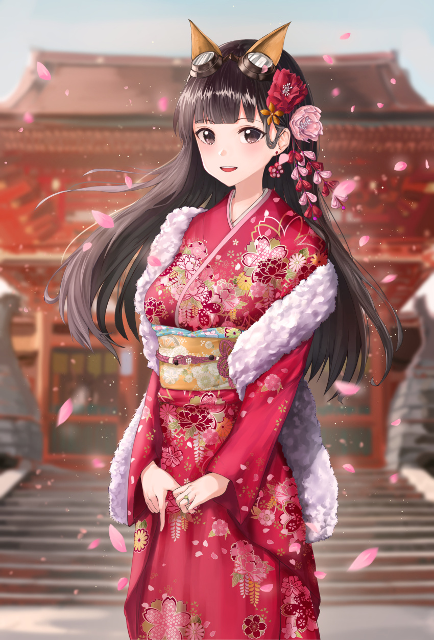1girl absurdres bangs black_hair blush cherry_blossoms floral_print flower goggles goggles_on_head granblue_fantasy hair_flower hair_ornament highres japanese_clothes jessica_(granblue_fantasy) jewelry kimono long_hair looking_at_viewer new_year obi outdoors petals ring sash smile solo wakum wide_sleeves