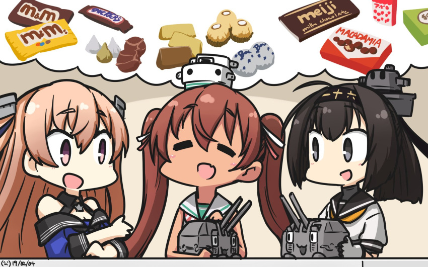 3girls ahoge akizuki_(kantai_collection) black_eyes black_hair black_sailor_collar blue_shirt breasts brown_eyes brown_hair chocolate chou-10cm-hou-chan cleavage closed_eyes clothes_writing commentary_request dated dress fang ferrero ferrero_rocher hachimaki hair_ribbon hamu_koutarou headband highres johnston_(kantai_collection) kantai_collection libeccio_(kantai_collection) light_brown_hair long_hair m&amp;m's medium_breasts meiji_(brand) multiple_girls neckerchief off_shoulder open_mouth ponytail ribbon sailor_collar sailor_dress school_uniform serafuku shirt sleeveless sleeveless_dress snickers twintails yellow_neckwear