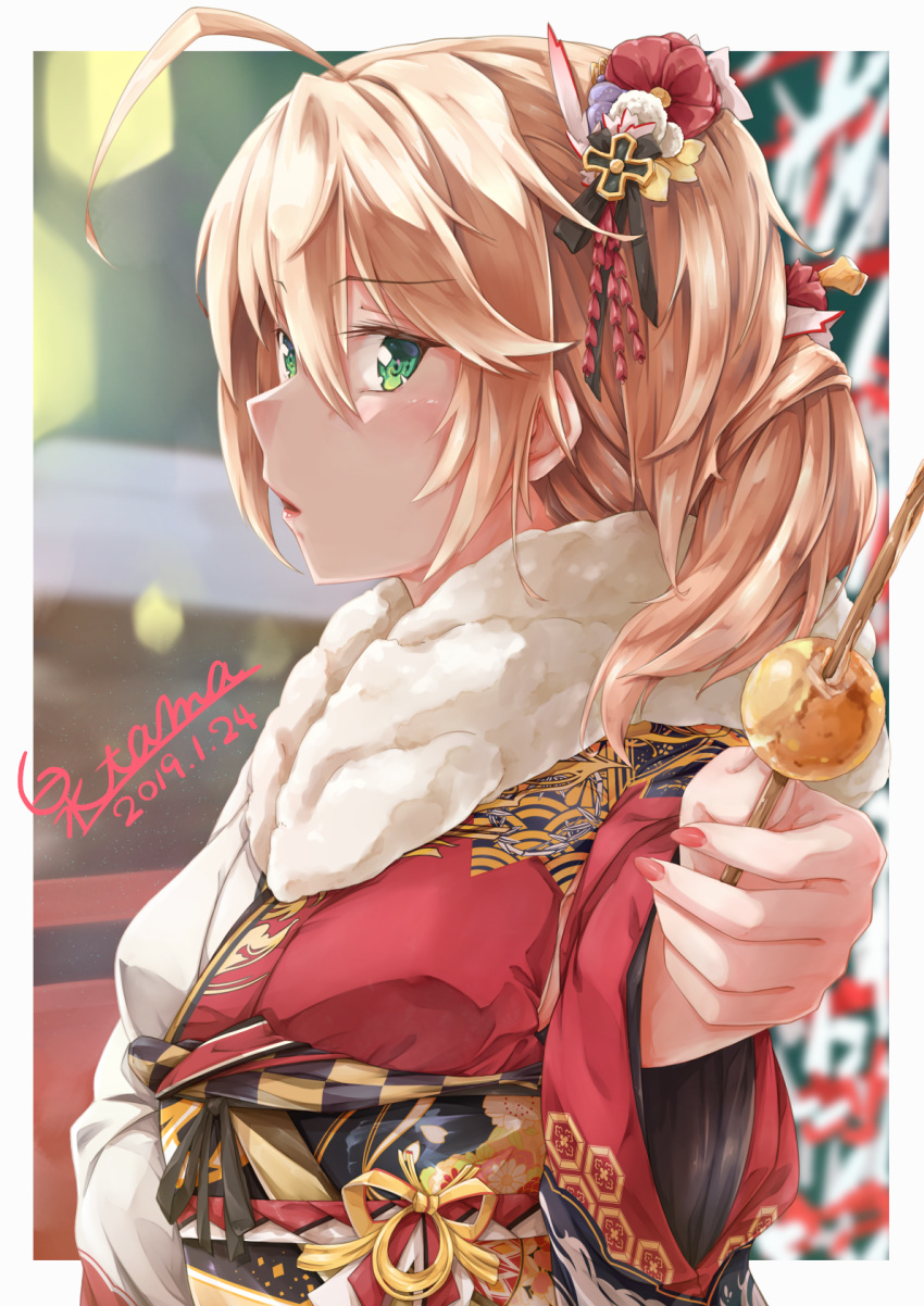 1girl admiral_hipper_(azur_lane) ahoge artist_request azur_lane bangs blonde_hair blurry blurry_background blush breasts commentary_request dango dated eyebrows_visible_through_hair flower food fur-trimmed_kimono fur_trim green_eyes hair_between_eyes hair_flower hair_ornament highres iron_cross japanese_clothes kimono lips long_hair long_sleeves looking_at_viewer nail_polish obi parted_lips red_kimono red_nails sash signature small_breasts solo two_side_up wagashi wide_sleeves