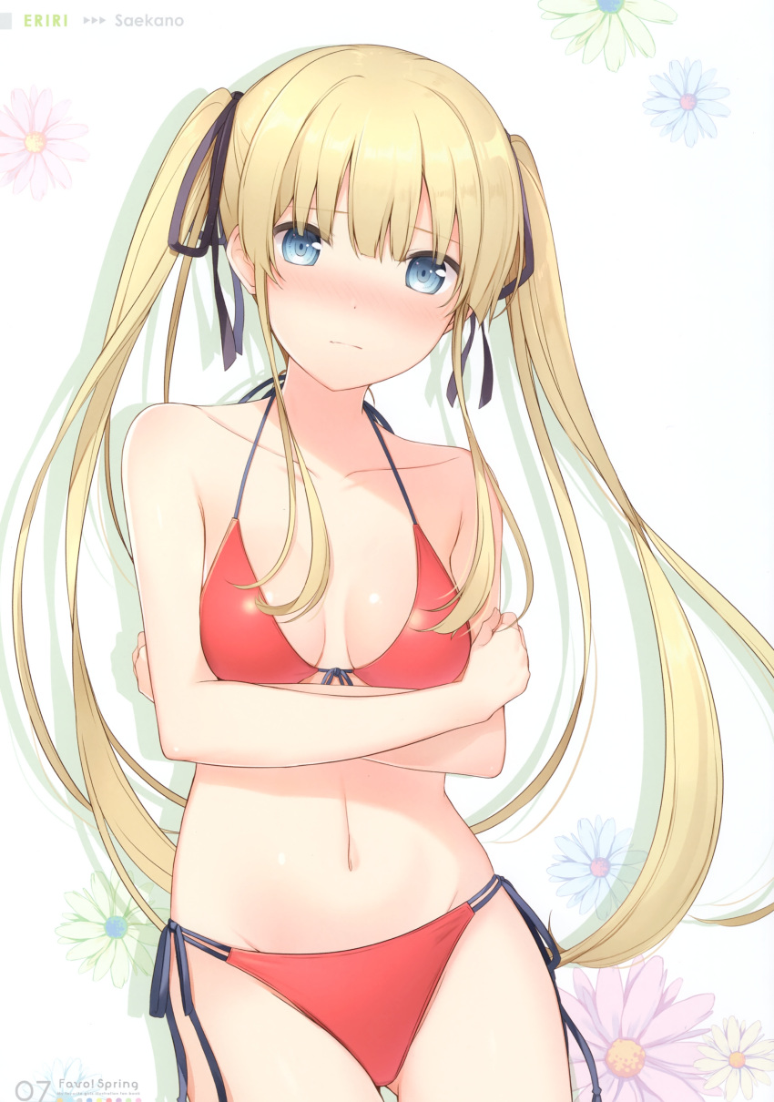 1girl 6u_(eternal_land) absurdres bangs bikini blonde_hair blue_eyes blush closed_mouth eyebrows_visible_through_hair highres long_hair looking_at_viewer navel red_bikini saenai_heroine_no_sodatekata sawamura_spencer_eriri scan shiny shiny_clothes shiny_skin side-tie_bikini simple_background stomach swimsuit twintails white_background