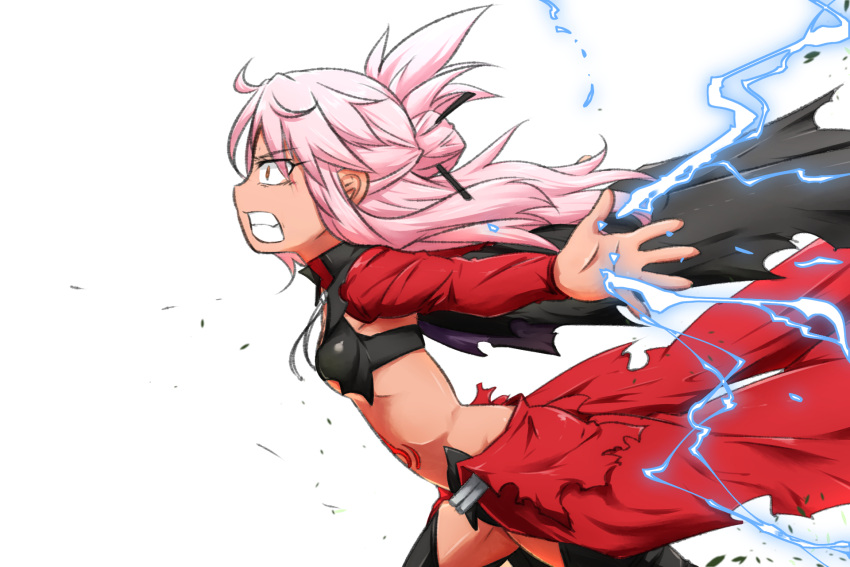 1girl bangs black_legwear blush breasts brown_eyes chloe_von_einzbern clenched_teeth electricity eyebrows_visible_through_hair fate/kaleid_liner_prisma_illya fate_(series) hair_between_eyes highres long_hair long_sleeves neon-tetora outstretched_arm pink_hair profile running simple_background small_breasts solo stomach_tattoo tattoo teeth thigh-highs very_long_hair white_background