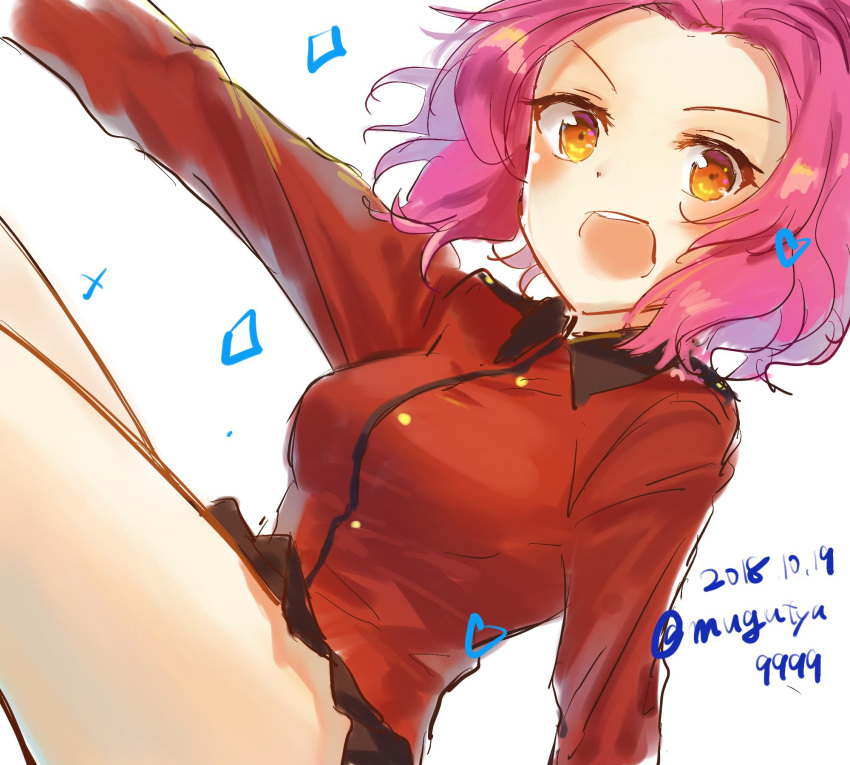 1girl :d black_skirt brown_eyes commentary dated dutch_angle epaulettes girls_und_panzer heart highres jacket long_sleeves looking_at_viewer macho_ojiji medium_hair military military_uniform miniskirt open_mouth pleated_skirt red_jacket redhead rosehip simple_background sketch skirt smile solo sparkle st._gloriana's_military_uniform thighs twitter_username uniform white_background