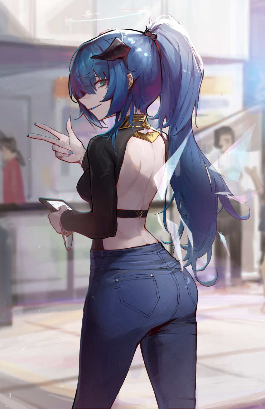 1girl absurdres alternate_costume alternate_hairstyle arknights ass back backless_outfit bare_back blue_eyes blue_hair blue_nails blue_tongue breasts casual cellphone colored_tongue commentary_request day denim detached_wings ear_piercing energy_wings feet_out_of_frame from_behind halo highres holding holding_phone horns jeans long_sleeves looking_at_viewer looking_back mostima_(arknights) nail_polish outdoors pants parted_lips phone piercing ponytail qingfeng_canying small_breasts smartphone smile solo_focus standing standing_on_one_leg v wings