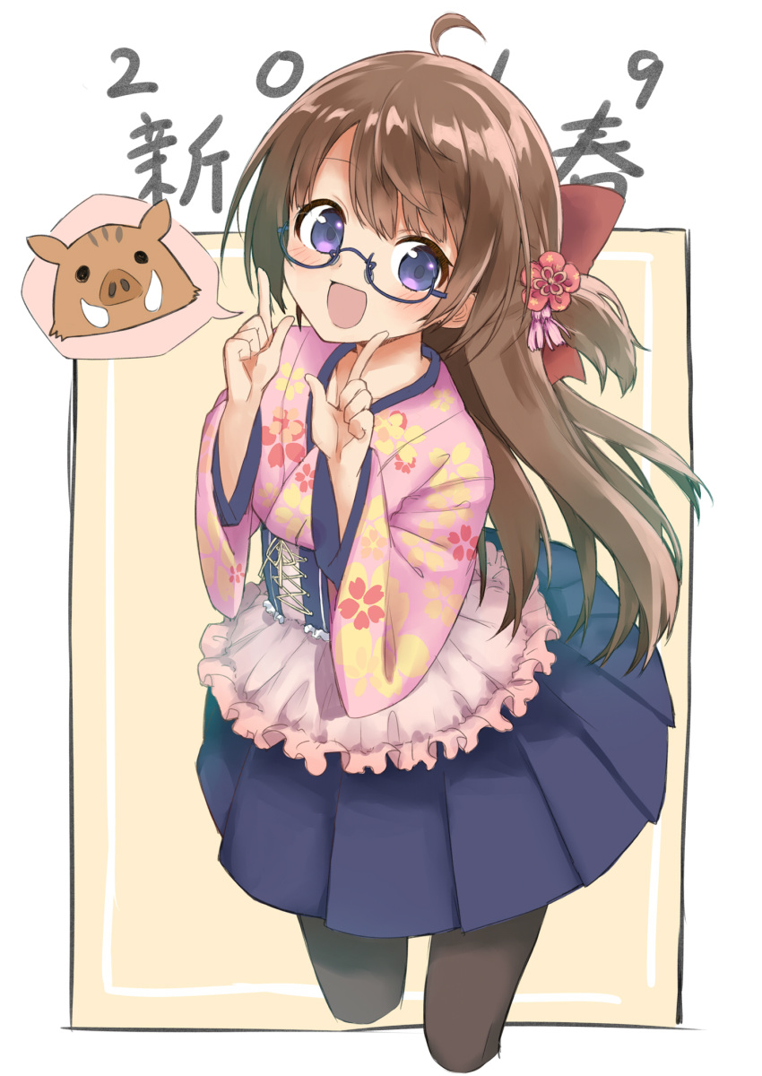 1girl 2019 :d ahoge amemiya_sekira animal apron bangs blue-framed_eyewear blue_skirt blush boar bow brown_hair brown_legwear chinese_zodiac commentary_request eyebrows_visible_through_hair floral_print flower frilled_apron frills hair_bow hair_flower hair_ornament hands_up highres index_finger_raised japanese_clothes kimono long_hair looking_at_viewer one_side_up open_mouth original pantyhose pink_apron pink_kimono pleated_skirt print_kimono red_bow red_flower sekira_ame semi-rimless_eyewear short_kimono sidelocks skirt smile solo spoken_animal under-rim_eyewear very_long_hair violet_eyes year_of_the_pig