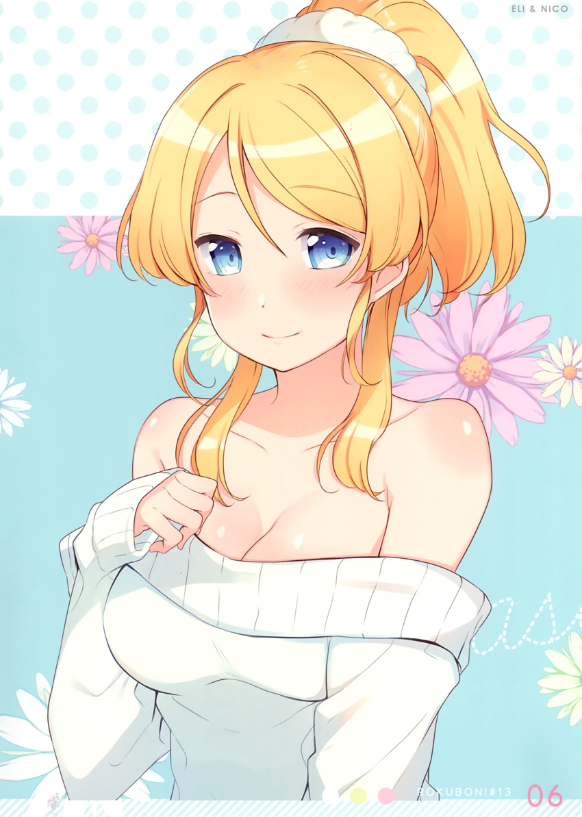 1girl 6u_(eternal_land) absurdres ayase_eli bangs bare_shoulders blonde_hair blue_background blue_eyes blush bow breasts cleavage closed_mouth collarbone eyebrows_visible_through_hair floral_background flower hair_bow hand_up highres long_hair long_sleeves looking_at_viewer love_live! love_live!_school_idol_project medium_breasts polka_dot polka_dot_background ponytail scan shiny shiny_hair shiny_skin simple_background sleeves_past_wrists smile sweater upper_body