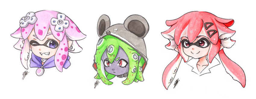 3girls ;) absurdres animal_hood bangs black_choker choker collarbone commentary crossover d-pad d-pad_hair_ornament domino_mask english_commentary green_hair grey_skin grin hair_ornament hairclip highres hood hoodie inkling isaki_tanaka linda_(neptune_series) long_hair looking_at_viewer low_twintails mask mouse_hood multiple_girls neptune_(neptune_series) neptune_(series) one_eye_closed pink_hair pointy_ears portrait red_eyes redhead sharp_teeth short_hair sidelocks signature simple_background smile splatoon_(series) teeth tennouboshi_uzume tentacle_hair traditional_media twintails v-shaped_eyebrows violet_eyes white_background white_choker