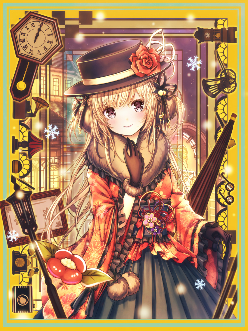 1girl black_hat black_skirt blonde_hair blush border building camera cane catbell clock closed_mouth flower frilled_sleeves frills hat highres japanese_clothes lamp lamppost long_hair looking_at_viewer original phonograph pleated_skirt red_flower red_rose rose skirt smile snowflakes solo two_side_up umbrella very_long_hair violet_eyes wide_sleeves