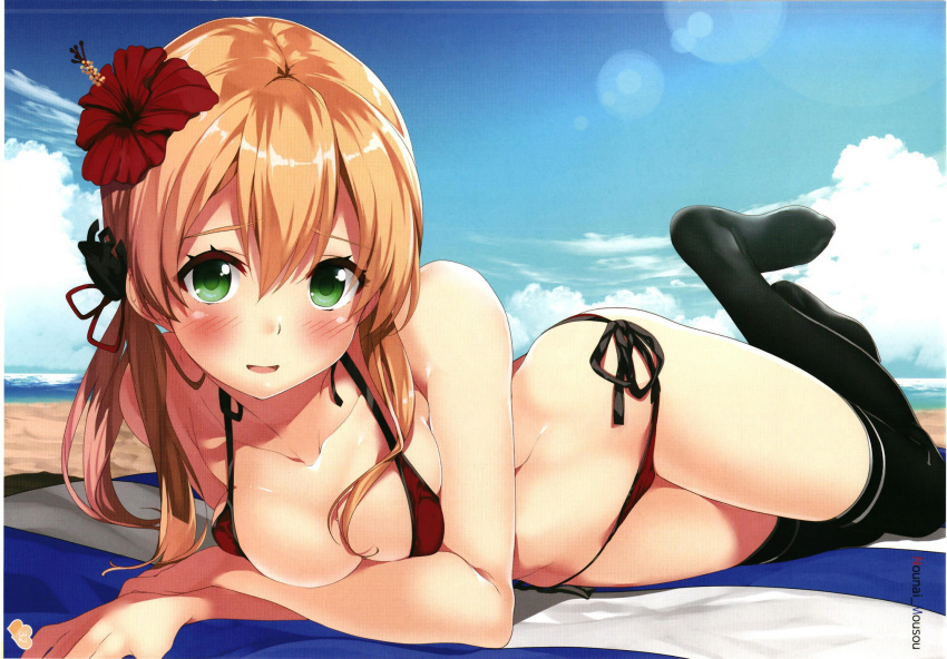 1girl anchor_hair_ornament aqua_eyes beach bikini blonde_hair blush breasts flower gintarou_(kurousagi108) hair_flower hair_ornament highres kantai_collection kneehighs large_breasts looking_at_viewer lying on_stomach prinz_eugen_(kantai_collection) scan scan_artifacts sky string_bikini swimsuit twintails