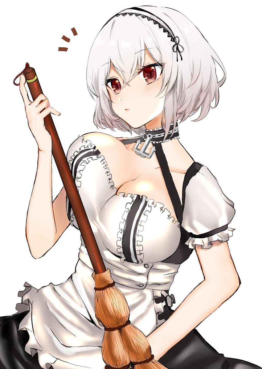 1girl anchor azur_lane bangs blush breasts broom choker cleavage collarbone dress eyebrows_visible_through_hair hair_between_eyes hairband highres holding lace-trimmed_hairband large_breasts looking_at_viewer puffy_sleeves red_eyes ribbon short_hair short_sleeves sidelocks sirius_(azur_lane) solo white_hair