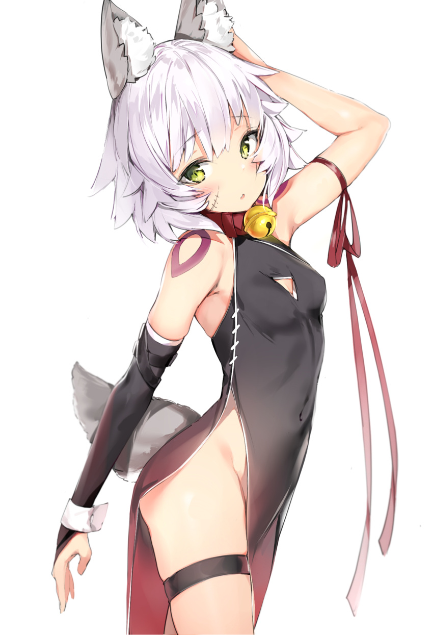 1girl animal_ear_fluff animal_ears arm_up bangs bare_shoulders bell bell_collar black_dress black_panties blush breasts bridal_gauntlets brown_ribbon cat_ears china_dress chinese_clothes collar covered_navel dress eyebrows_visible_through_hair facial_scar fang fate/apocrypha fate/grand_order fate_(series) green_eyes groin hair_between_eyes hand_up highres hips jack_the_ripper_(fate/apocrypha) jingle_bell kemonomimi_mode looking_at_viewer panties parted_lips pelvic_curtain red_collar ribbon scar scar_across_eye scar_on_cheek shoulder_tattoo silver_(chenwen) silver_hair simple_background single_bridal_gauntlet sleeveless sleeveless_dress small_breasts solo tail tattoo thigh-highs thighs underwear white_background wrist_cuffs