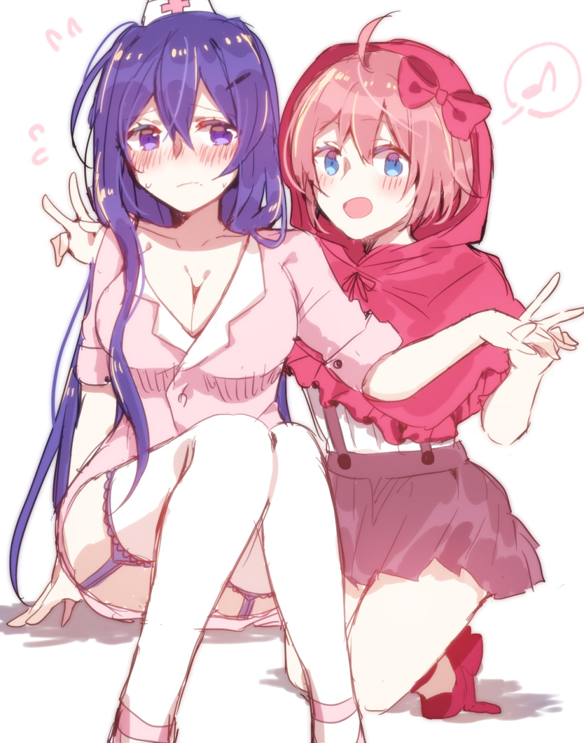 2girls :d ahoge az_37331m blue_eyes blush bow breasts capelet cleavage collarbone doki_doki_literature_club embarrassed flying_sweatdrops frown garter_straps hair_between_eyes hair_bow hair_ornament hairclip hand_holding hat highres hood hooded_capelet kneeling large_breasts long_hair looking_at_viewer multiple_girls musical_note nurse nurse_cap open_mouth pink_hair purple_hair red_bow red_capelet red_footwear sayori_(doki_doki_literature_club) short_hair simple_background sitting sketch skirt smile spoken_musical_note suspender_skirt suspenders thigh-highs v violet_eyes white_background white_legwear yuri_(doki_doki_literature_club)