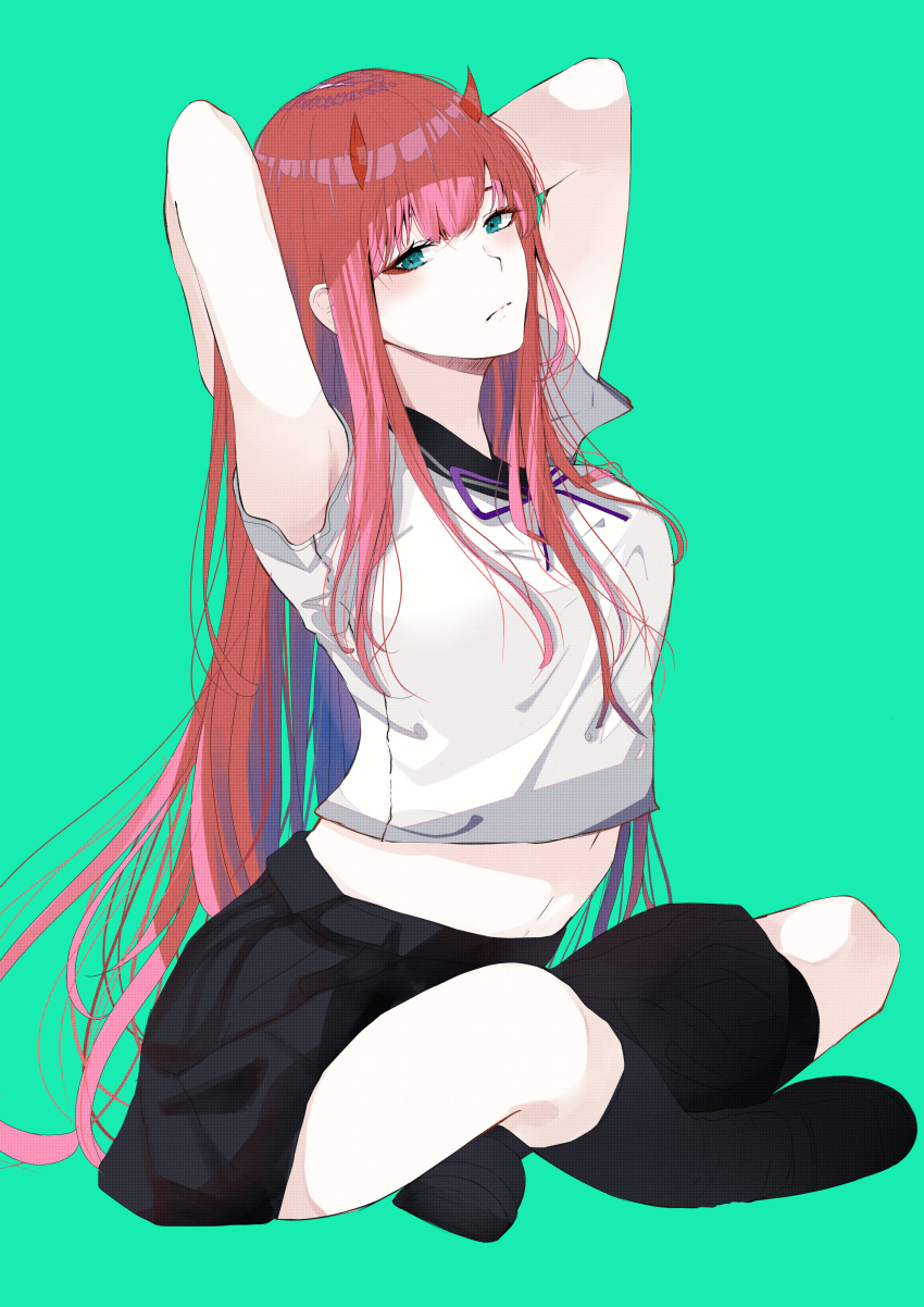 1girl absurdres arms_behind_back black_skirt darling_in_the_franxx green_background green_eyes highres horns indian_style long_hair midriff mike.zen navel pink_hair sitting skirt solo zero_two_(darling_in_the_franxx)