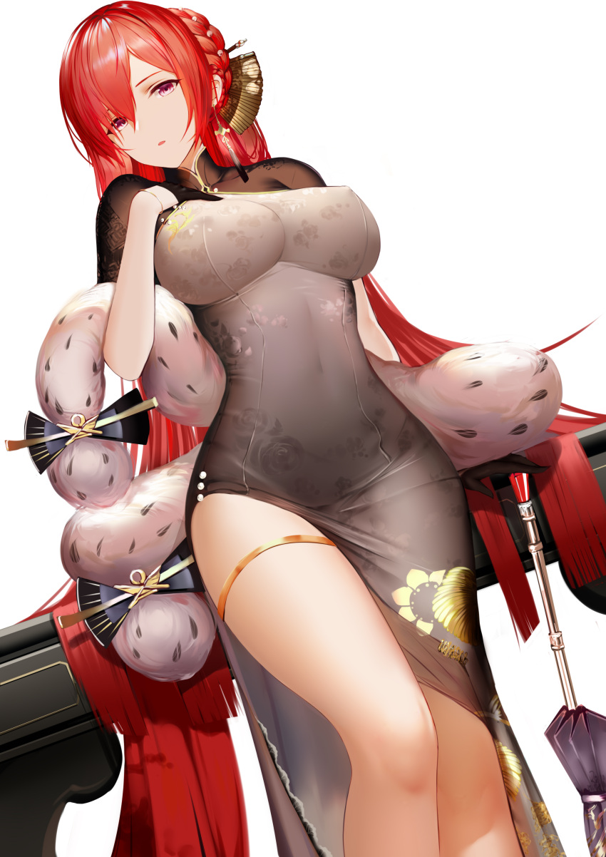 1girl absurdres alternate_costume azur_lane backless_outfit bangs black_dress black_gloves blush bracelet braid breasts cannon china_dress chinese_clothes cleavage covered_navel crown_braid dress dutch_angle earrings erect_nipples gloves gold_footwear gold_trim hair_between_eyes hair_bun hair_ornament half_gloves hand_up higandgk highres indoors jewelry large_breasts leaning light_particles long_hair looking_at_viewer monarch_(azur_lane) new_year open_mouth oriental_umbrella redhead shawl sidelocks simple_background solo standing table taut_clothes taut_dress thigh_strap thighs umbrella very_long_hair white_background