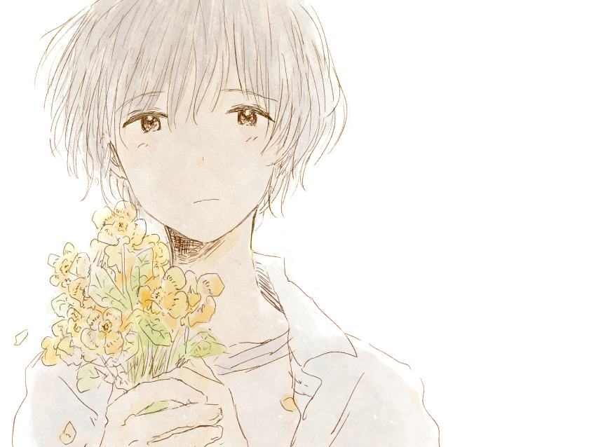 1boy bouquet closed_mouth collared_shirt eyebrows_visible_through_hair flower grey_hair hair_between_eyes hands_up highres holding holding_bouquet itunohika leaf looking_at_viewer male_focus negative_space open_clothes orange_eyes original petals sad shirt simple_background solo tareme upper_body white_background wind yellow_flower