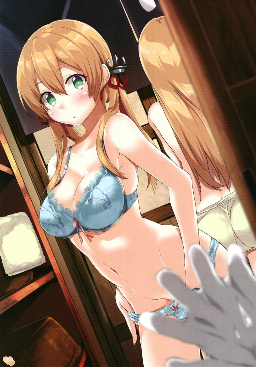 1girl 2girls anchor_hair_ornament aqua_bra aqua_eyes back bismarck_(kantai_collection) blonde_hair blush bra breasts changing_room gintarou_(kurousagi108) gloves green_eyes hair_ornament highres kantai_collection large_breasts long_hair looking_at_viewer multiple_girls panties prinz_eugen_(kantai_collection) scan scan_artifacts twintails underwear undressing white_gloves