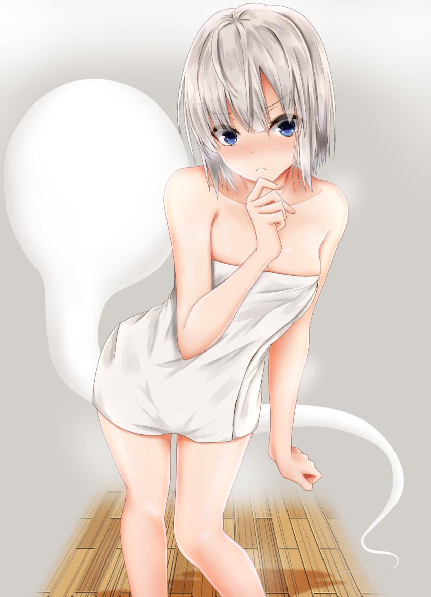 1girl blue_eyes blush breasts cleavage collarbone contrapposto grey_background hair_between_eyes highres konpaku_youmu konpaku_youmu_(ghost) naked_towel santarou short_hair silver_hair small_breasts solo standing touhou towel white_towel