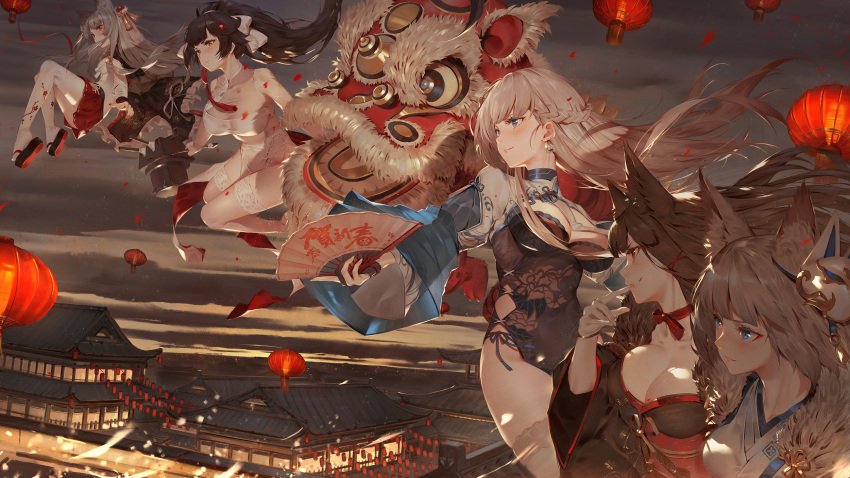 5girls akagi_(azur_lane) alternate_costume animal_ears azur_lane bangs belfast_(azur_lane) black_hair black_kimono blue_dress blue_eyes blue_panties blunt_bangs blush bow braid breasts brown_eyes brown_hair cannon chains china_dress chinese_clothes cleavage collar dragon dress earrings eastern_dragon eyebrows_visible_through_hair fan floating_hair folding_fan fox_ears fox_tail french_braid gloves hair_between_eyes hair_bow hand_up highres holding holding_fan japanese_clothes jewelry jumping kaga_(azur_lane) kimono large_breasts long_hair looking_afar mask medium_breasts multiple_girls multiple_tails official_art open_mouth panties parted_lips partly_fingerless_gloves petals ponytail red_eyes rigging scenery short_hair side-tie_panties sidelocks silver_hair smile tail takao_(azur_lane) thick_eyebrows thigh-highs toriumi_harumi turret underwear very_long_hair wedding_dress white_dress white_hair white_kimono white_legwear wide_sleeves wind wind_lift yuudachi_(azur_lane)