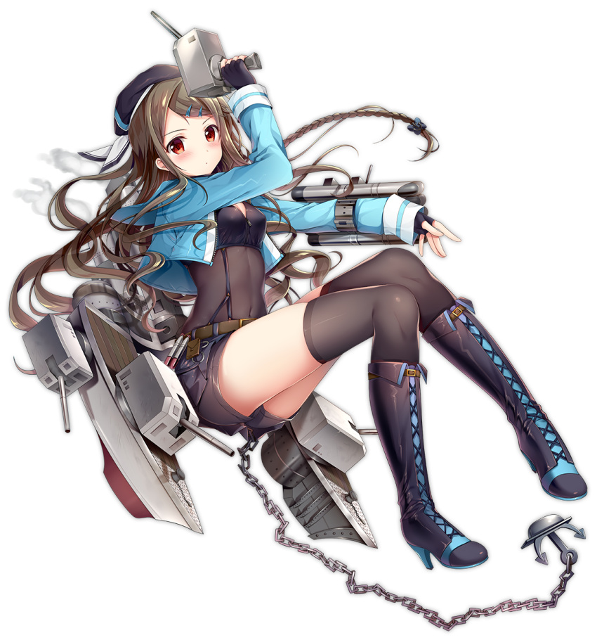 1girl anchor azur_lane bangs belt black_bodysuit black_hair black_legwear blue_footwear blue_gloves blue_hat blue_jacket blush bodysuit boots braid brown_eyes buckle cannon chains closed_mouth covered_navel cropped_jacket cropped_vest cross-laced_footwear fingerless_gloves floating_hair gloves hair_ornament hairclip hat high_heel_boots high_heels highres holding holding_weapon hollow_eyes jacket kimberly_(azur_lane) knee_boots lace-up_boots long_sleeves multicolored_hair official_art open_clothes open_jacket parted_bangs partial_bodysuit pink_hair rigging short_shorts shorts side_braid sidelocks solo sousouman suspenders thigh-highs torpedo_launcher unzipped weapon wind zipper