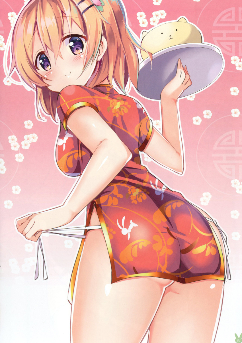 1girl animal_print ass blonde_hair blue_eyes blush bunny_print china_dress chinese_clothes cowboy_shot dress eyebrows_visible_through_hair from_below gochuumon_wa_usagi_desu_ka? hair_between_eyes hair_ornament highres holding holding_plate hoto_cocoa kurou_(quadruple_zero) leaning_forward looking_at_viewer looking_back panties pink_background plate print_dress red_dress ribbon shiny shiny_skin short_dress short_hair side-tie_panties smile solo standing tippy_(gochiusa) underwear untied untied_panties white_ribbon