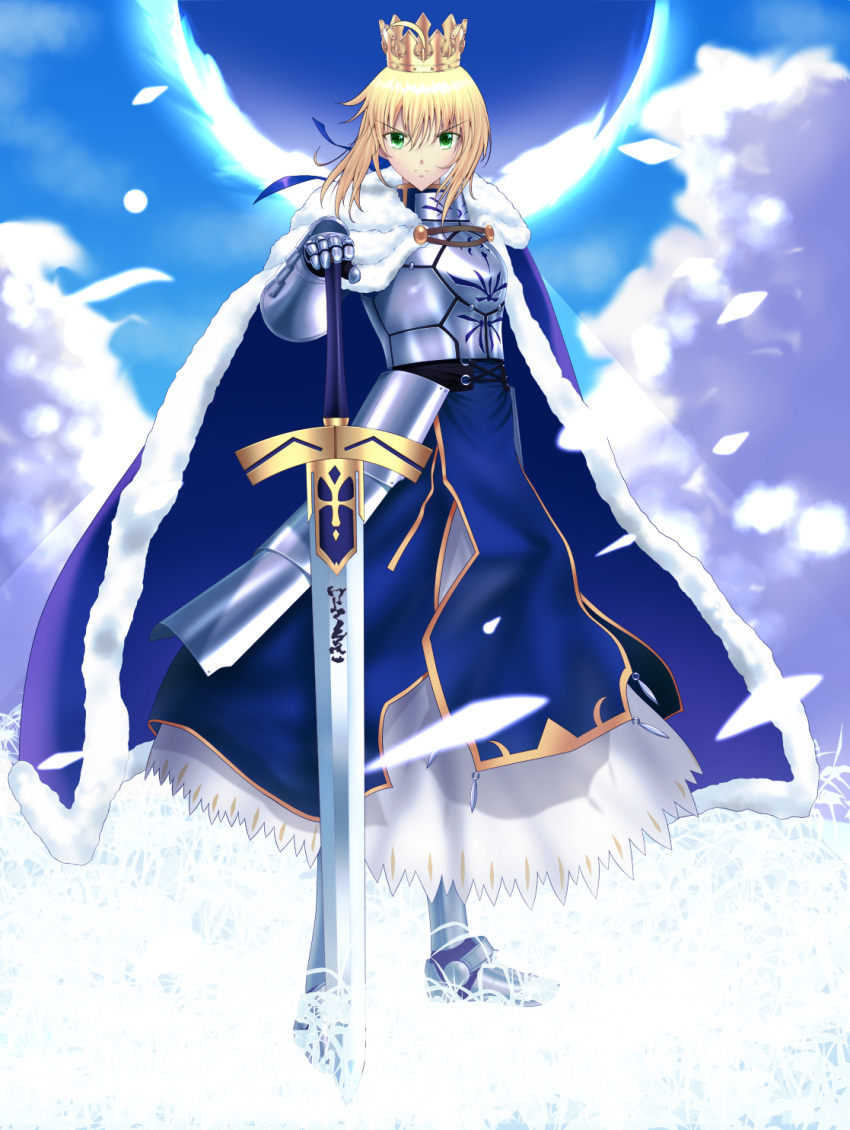1girl ahoge armor armored_boots armored_dress artoria_pendragon_(all) blonde_hair blue_cape blue_dress boots breastplate cape crown dress eyebrows_visible_through_hair fate/stay_night fate_(series) floating_hair full_body fur-trimmed_cape fur_trim gauntlets green_eyes hair_between_eyes hand_on_hilt hatsusora_sakuta highres looking_at_viewer petals saber solo standing v-shaped_eyebrows