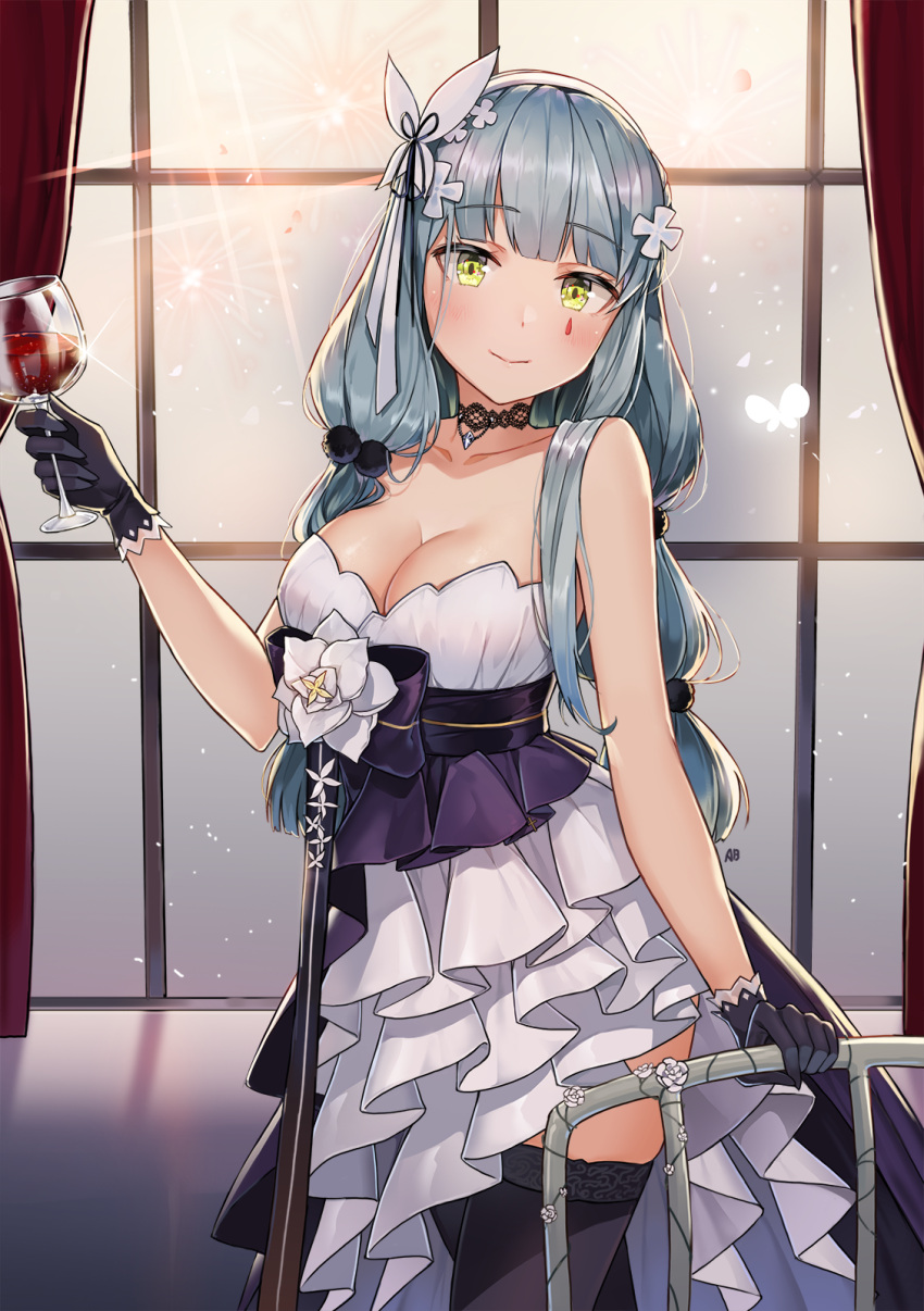 1girl aliceblue alternate_costume alternate_hairstyle bangs bare_arms bare_shoulders black_bow black_choker black_gloves black_legwear blunt_bangs blush bow breasts chair choker cleavage collarbone cup curtains dress drinking_glass facial_mark floating_hair flower girls_frontline gloves green_eyes hair_flower hair_ornament hair_ribbon hairband highres hk416_(girls_frontline) holding holding_cup large_breasts layered_dress light_particles long_hair multi-tied_hair ribbon sapphire_(gemstone) silver_hair solo sparkle standing strapless strapless_dress teardrop thigh-highs very_long_hair white_flower white_hairband white_ribbon window wine_glass
