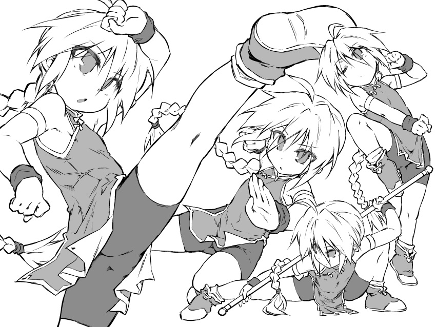 1girl absurdres ahoge arm_up ass bike_shorts boots braid china_dress chinese_clothes dress fighting_stance girl_with_a_blonde_braid_(tomoshibi_hidekazu) high_kick highres kicking knee_up long_hair monochrome one_eye_closed open_mouth original outstretched_leg pole ponytail shorts shorts_under_dress sketch sleeveless sleeveless_dress solo spread_legs squatting standing standing_on_one_leg tomoshibi_hidekazu very_long_hair weapon wristband