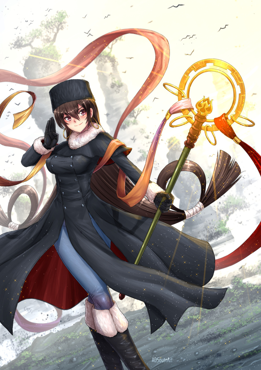 1girl adsouto alternate_costume artist_name bird black_gloves boots breasts brown_hair coat denim earrings fate/grand_order fate_(series) fur-trimmed_coat fur_trim gloves hair_rings hat highres hoop_earrings jeans jewelry knee_boots large_breasts mountain pants papakha shakujou smile staff tree violet_eyes xuanzang_(fate/grand_order)