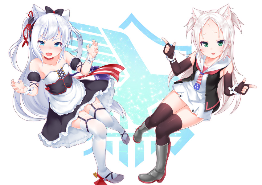 2girls absurdres american_flag american_flag_print animal_ears apron azur_lane black_bow black_dress black_gloves black_legwear black_ribbon blue_eyes bow cat_ears cat_girl cat_hair_ornament choker detached_sleeves dress elbow_gloves fang fingerless_gloves flag_print frilled_apron frills garter_straps gloves green_eyes hair_bow hair_ornament hammann_(azur_lane) highres kirisame_mia long_hair looking_at_viewer multiple_girls open_mouth puffy_short_sleeves puffy_sleeves red_choker red_ribbon remodel_(azur_lane) ribbon short_sleeves silver_hair sims_(azur_lane) strapless strapless_dress thigh-highs two_side_up waist_apron white_apron white_hair white_legwear wrist_cuffs