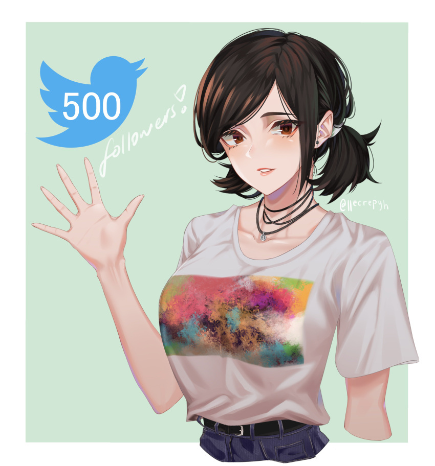 1girl absurdres belt black_hair breasts brown_eyes collarbone commentary denim earrings english_commentary highres hits jeans jewelry large_breasts llecrepyh looking_at_viewer low_twintails necklace original pants shirt short_twintails smile solo stud_earrings t-shirt twintails twitter waving