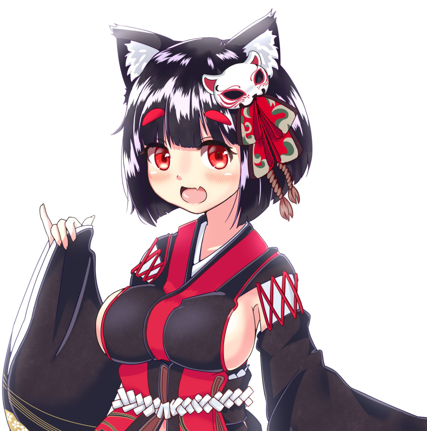 1girl animal_ears azur_lane bangs black_hair black_kimono blunt_bangs breasts cat_ears cat_mask eyebrows_visible_through_hair fang highres japanese_clothes kimono mask mask_on_head red_eyes short_hair short_kimono sideboob solo wide_sleeves yamashiro_(azur_lane)