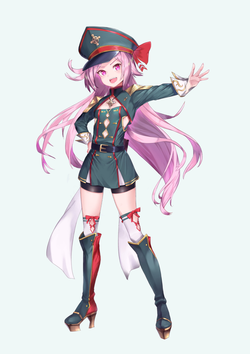 1girl :d belt bike_shorts black_shorts boots bow character_request dress epaulettes full_body hand_on_hip hat high_heel_boots high_heels highres jewelry long_hair long_sleeves looking_at_viewer military military_uniform necklace open_mouth original outstretched_arm peaked_cap pink_hair red_bow rubellent short_dress shorts shrug_(clothing) smile solo standing thigh-highs thighhighs_under_boots uniform v-shaped_eyebrows very_long_hair virtual_youtuber