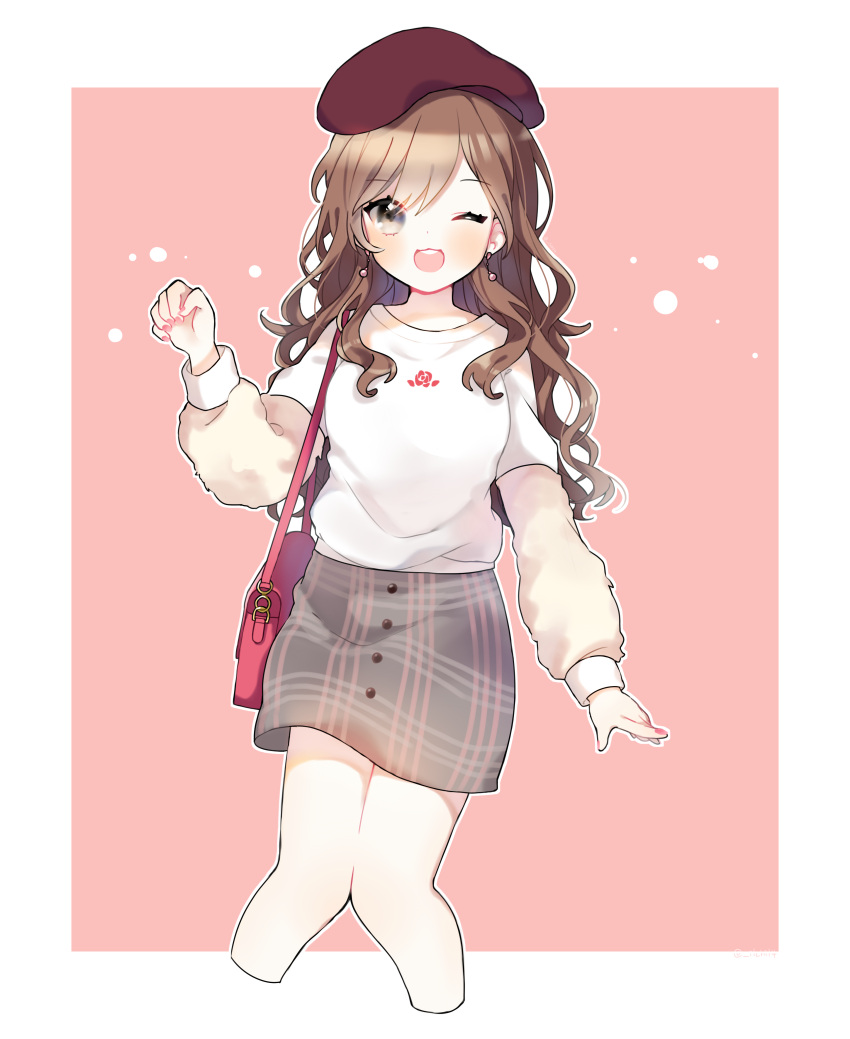 1girl 417_(ionxx417) :3 ;d absurdres bag bang_dream! bangs beret blush border brown_hair brown_hat cropped_legs earrings fur_sleeves grey_eyes grey_skirt hand_up hat highres imai_lisa jewelry long_hair long_sleeves looking_at_viewer nail_polish one_eye_closed open_mouth outline paw_pose pencil_skirt pink_background pink_nails shirt shoulder_bag skirt smile solo wavy_hair white_border white_outline white_shirt