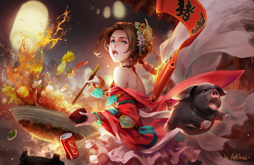 1girl antilous artist_name bare_shoulders blue_eyes bracelet brown_hair chinese_clothes chinese_zodiac chopsticks coca-cola commentary cooking corn food hair_ornament holding holding_chopsticks jewelry lantern long_hair looking_at_viewer looking_back open_mouth original paper_lantern pig scroll shrimp solo wok year_of_the_pig