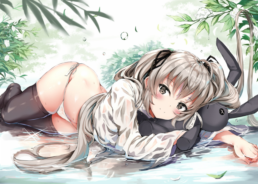 1girl ahoge ass bangs black_eyes blush breasts brown_eyes butt_crack closed_mouth dress dress_lift hair_ribbon kasugano_sora legs long_hair looking_at_viewer lying no_shoes panties partially_submerged ribbon side-tie_panties sidelocks silver_hair skindentation solo stuffed_animal stuffed_bunny stuffed_toy thigh-highs twintails underwear very_long_hair wet white_panties yosuga_no_sora yukishiro_arute