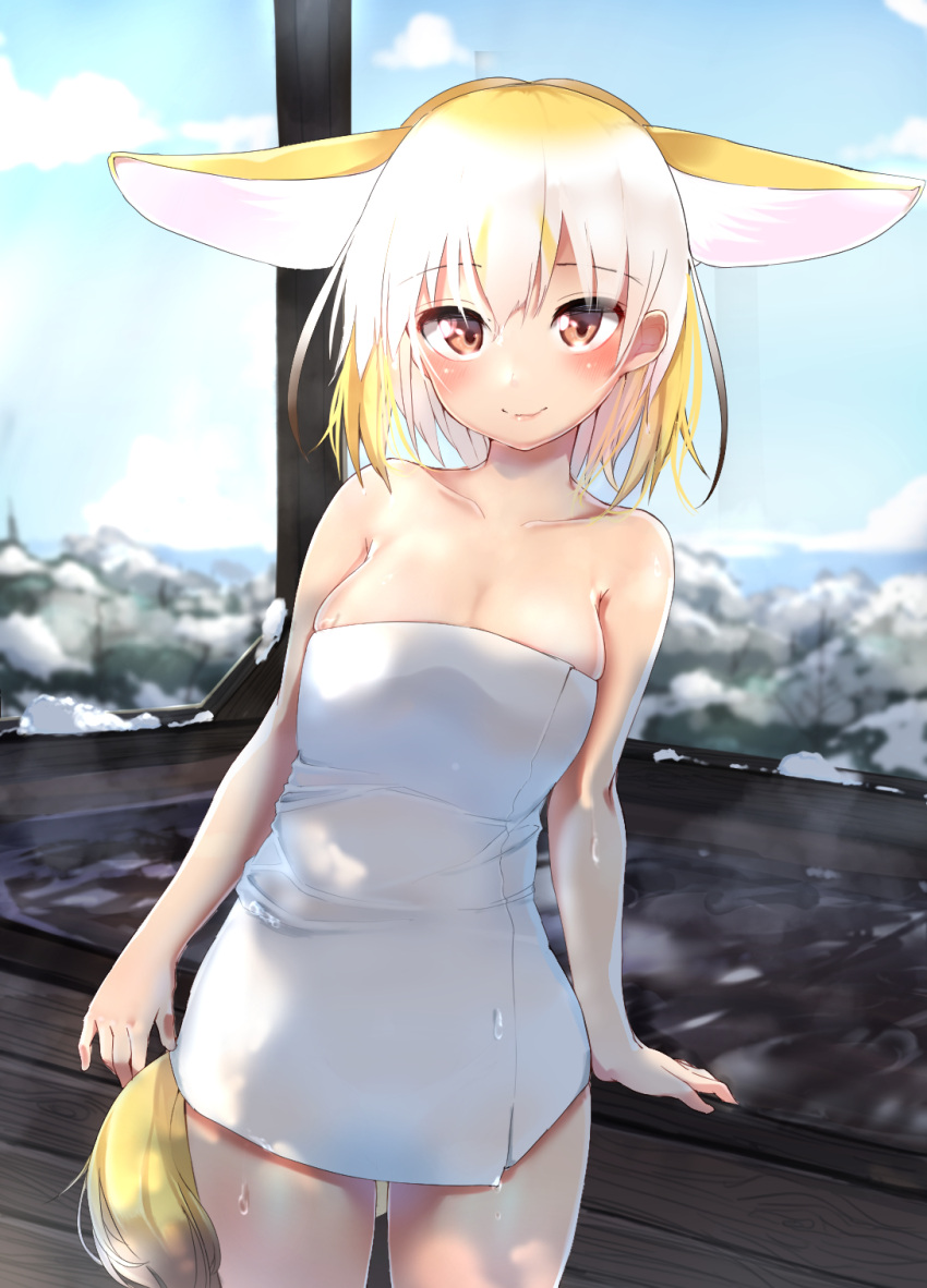 1girl animal_ears bangs bare_legs bare_shoulders bathtub blonde_hair blue_sky blurry blurry_background blush breasts brown_eyes brown_hair closed_mouth clouds collarbone commentary cowboy_shot day depth_of_field ears_down eyebrows_visible_through_hair fennec_(kemono_friends) fox_ears fox_tail gradient_hair highres kemono_friends kinou_no_shika looking_at_viewer medium_breasts multicolored_hair naked_towel outdoors skindentation sky smile snow solo steam tail towel water white_hair winter