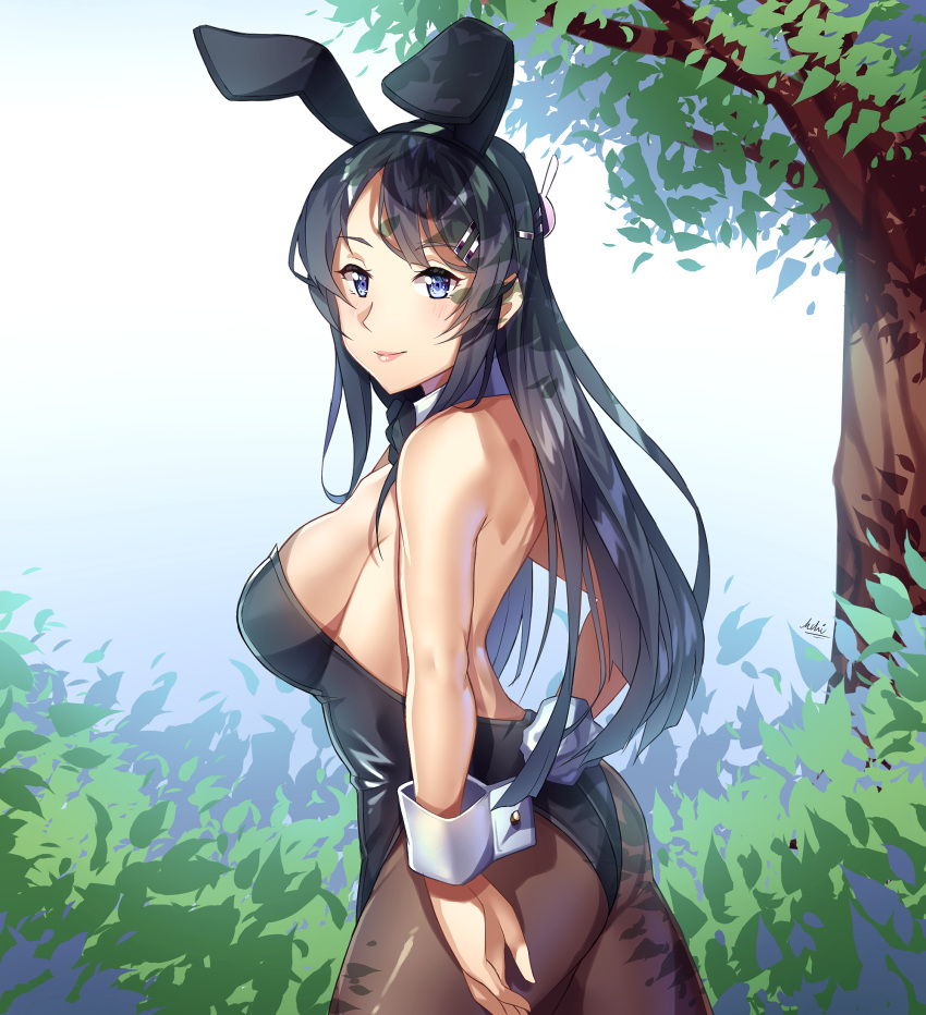 1girl animal_ears ass black_hair black_legwear black_leotard black_neckwear bow bowtie bunny_tail bunnysuit bush cowboy_shot detached_collar highres leotard lips long_hair looking_at_viewer matthew_(yourcupofkohi) pantyhose rabbit_ears sakurajima_mai seishun_buta_yarou solo strapless strapless_leotard tail tree violet_eyes wrist_cuffs