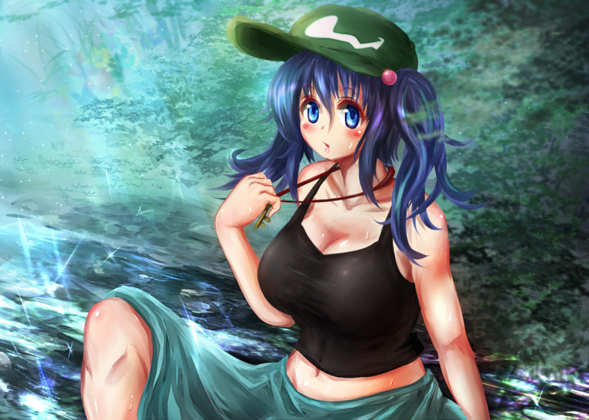 1girl bare_arms bare_shoulders black_shirt blue_eyes blue_hair blush breasts cleavage collarbone commentary_request day dress eyebrows_visible_through_hair green_hat hair_bobbles hair_ornament hat jewelry kawashiro_nitori key large_breasts looking_at_viewer navel necklace open_mouth outdoors river satoji_(ochanomkmskry) shirt short_twintails sitting solo sunlight tank_top touhou tree twintails two_side_up water