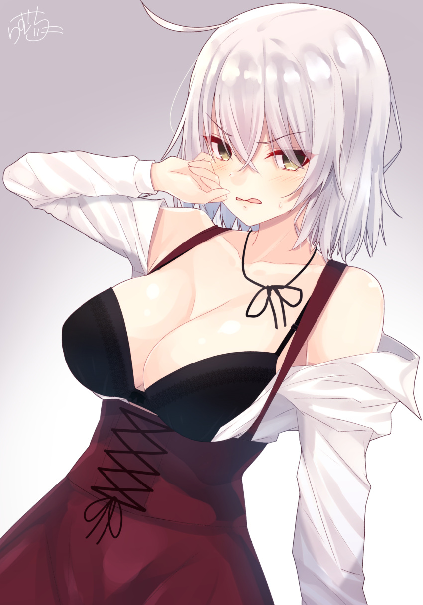 1girl ahoge bare_shoulders black_bra blush bra breasts cleavage corset eyebrows_visible_through_hair fate/grand_order fate_(series) grey_background hair_between_eyes hand_on_own_face highres jeanne_d'arc_(alter)_(fate) jeanne_d'arc_(fate)_(all) long_sleeves looking_at_viewer meme_attire open_mouth ramchi shirt short_hair signature simple_background solo underwear virgin_killer_outfit white_hair white_shirt yellow_eyes