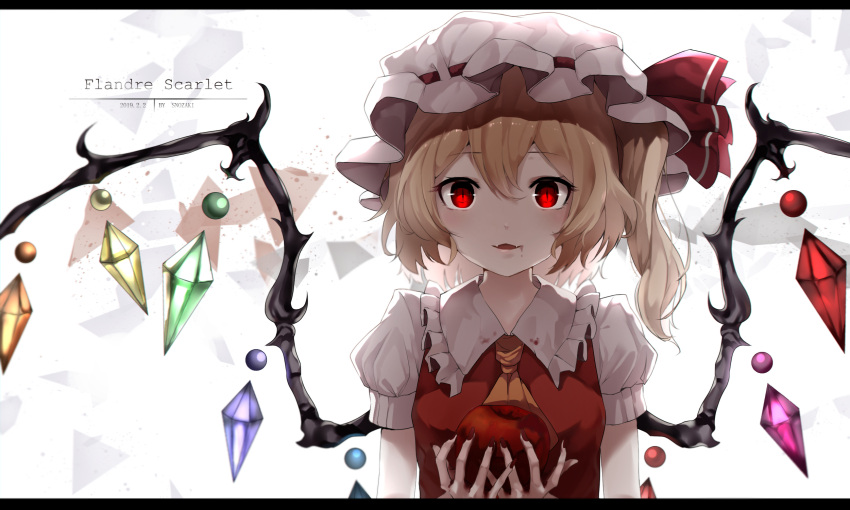 1girl apple arms_up artist_name blonde_hair breasts character_name chinese_commentary commentary_request cravat crystal dated fangs fingernails flandre_scarlet food fruit hat hat_ribbon highres holding holding_food holding_fruit letterboxed looking_at_viewer mixed-language_commentary mob_cap nail_polish open_mouth parted_lips puffy_short_sleeves puffy_sleeves red_eyes red_nails red_vest ribbon shirt short_hair short_sleeves side_ponytail slit_pupils small_breasts snozaki solo touhou upper_body vest white_background white_shirt wings yellow_neckwear