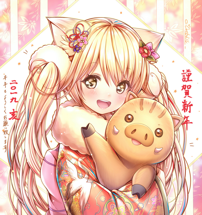 1girl :d animal_ear_fluff animal_ears artist_name blonde_hair blush boar brown_eyes catbell chinese_zodiac eyebrows_visible_through_hair head_tilt highres japanese_clothes kimono long_hair looking_at_viewer open_mouth original signature smile star translated twintails upper_body year_of_the_pig
