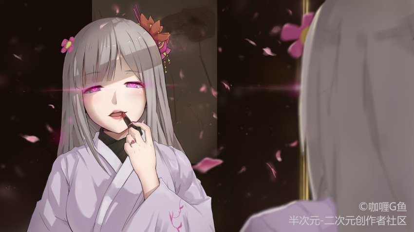 1girl ak-12_(girls_frontline) bangs eyebrows_visible_through_hair fish_g floating floral_print flower girls_frontline glowing glowing_eyes hair_flower hair_ornament hand_up highres japanese_clothes jewelry kimono lips lipstick long_hair long_sleeves looking_at_mirror makeup mirror parted_lips petals reflection ring silver_hair smile solo very_long_hair violet_eyes