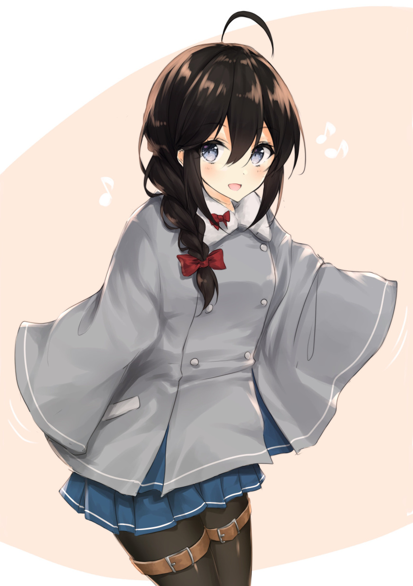 1girl :d absurdres ahoge black_hair blue_eyes blue_skirt bow braid cosplay cowboy_shot etorofu_(kantai_collection) etorofu_(kantai_collection)_(cosplay) grey_coat hair_between_eyes hair_bow hair_over_shoulder highres kantai_collection looking_at_viewer open_mouth pantyhose pleated_skirt red_bow school_uniform serafuku shigure_(kantai_collection) single_braid skirt smile solo thigh_strap uzuki_tsukuyo